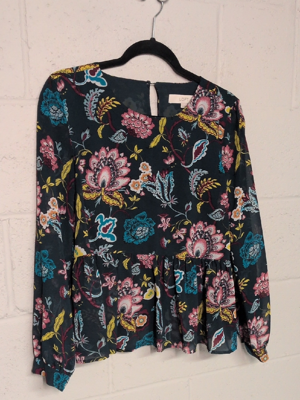LOFT Floral Paisley Peplum Sheer Long Sleeve Blouse Petite Small, Cottagecore - Picture 4 of 8